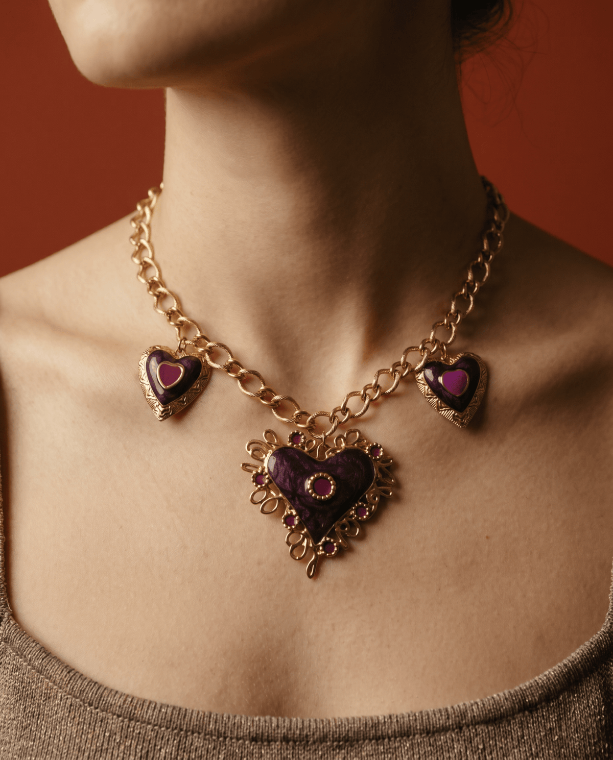 Vintage gold and purple enamel heart necklace β Phoebe's