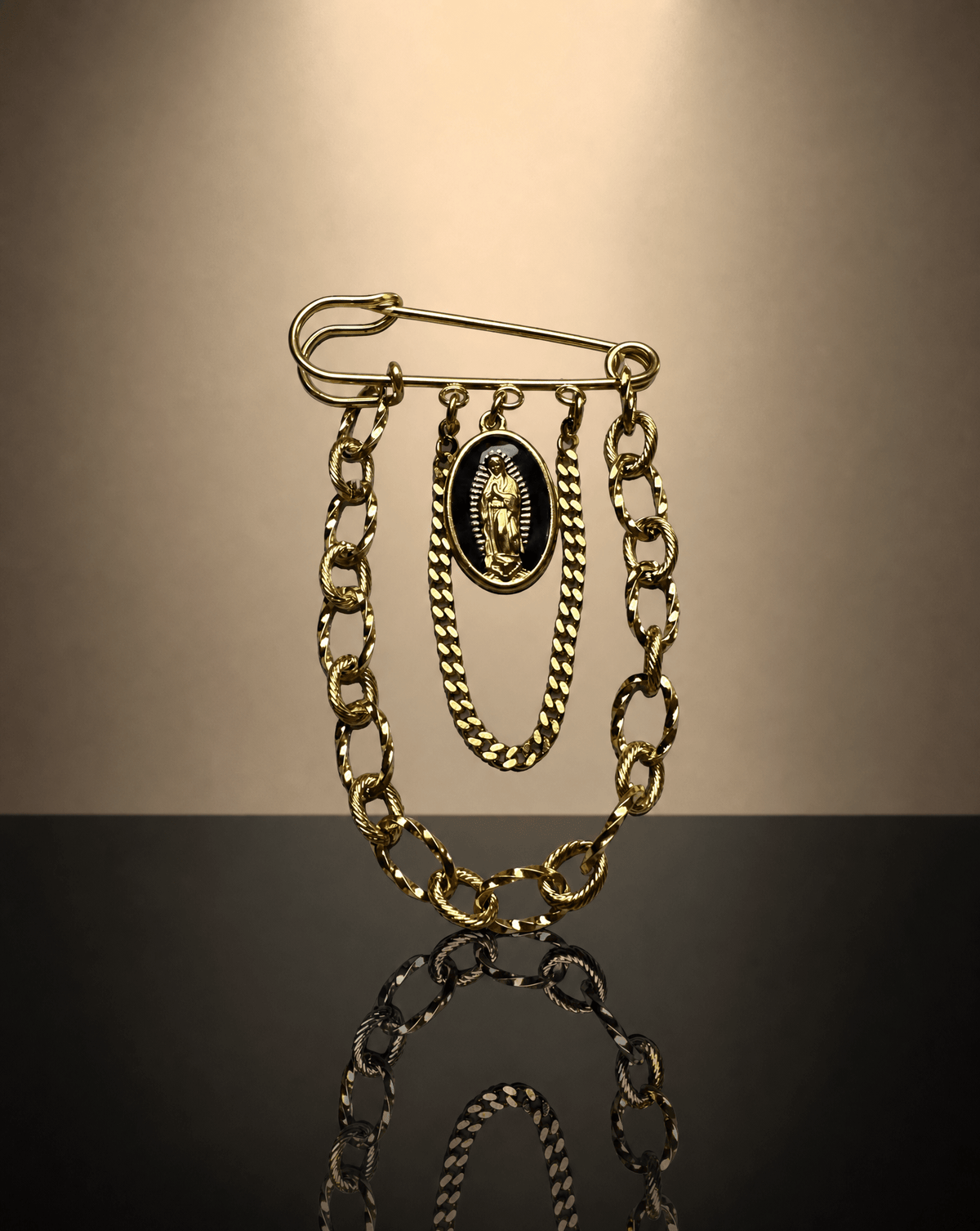 Virgin Mary chain safety pin brooch – Phoebe's