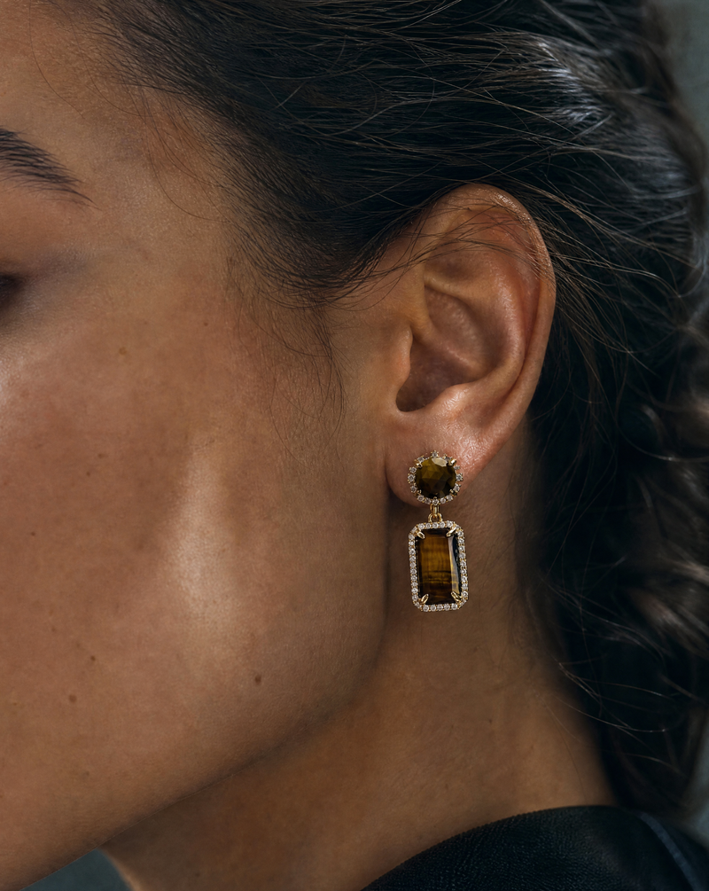 Tiger's Eye Gemstone Pavé Drop Earrings