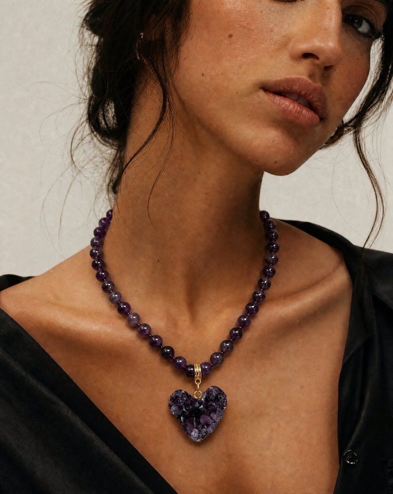 Amethyst Beaded Necklace | Raw Amethyst Druzy Heart Pendant