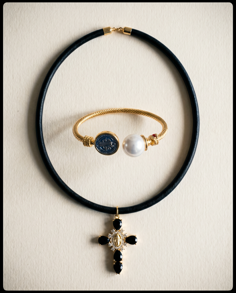 Black CZ Cross Choker & Saint Benedict Cuff Set · Editorial Statement