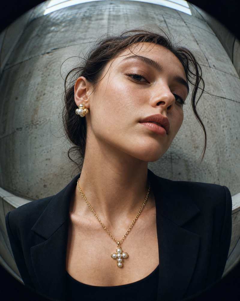 Pearl Cross Necklace & Flower Stud Earrings Set | Catholic Gift