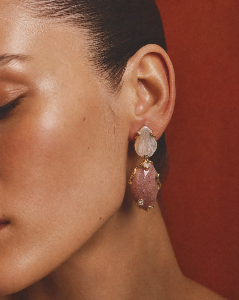 Strawberry Quartz & Baroque Pearl Drop Earrings | Organic Statement Earrings