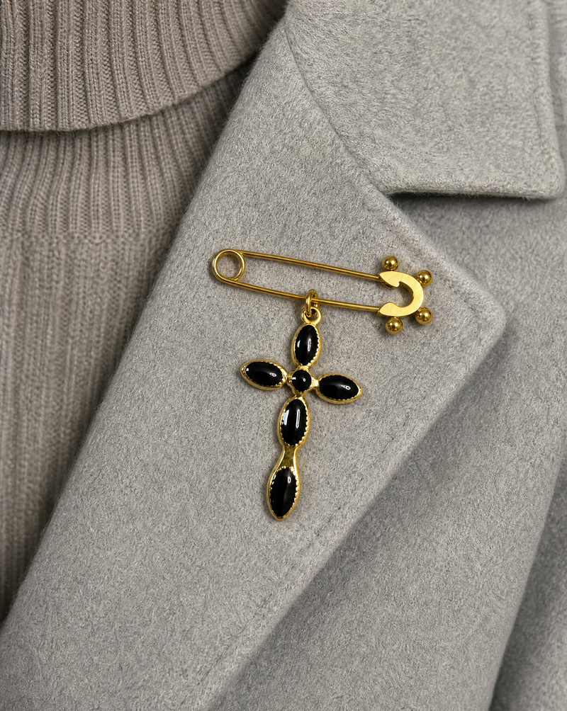 Black Cross Charm Safety Pin Brooch