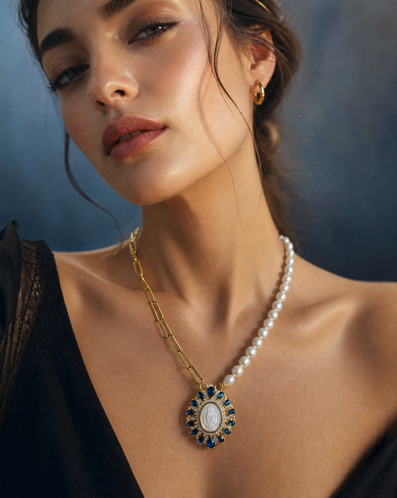 Virgin Mary Asymmetric Pearl & Chain Necklace | Devotional Luxury Necklace