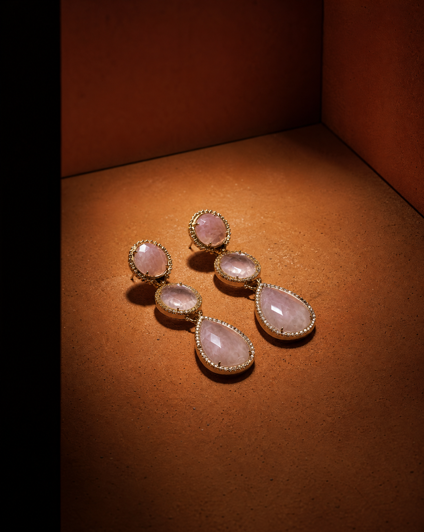 Rose Quartz Triple Drop Statement Earrings | Maximalist Earrings Wholesale