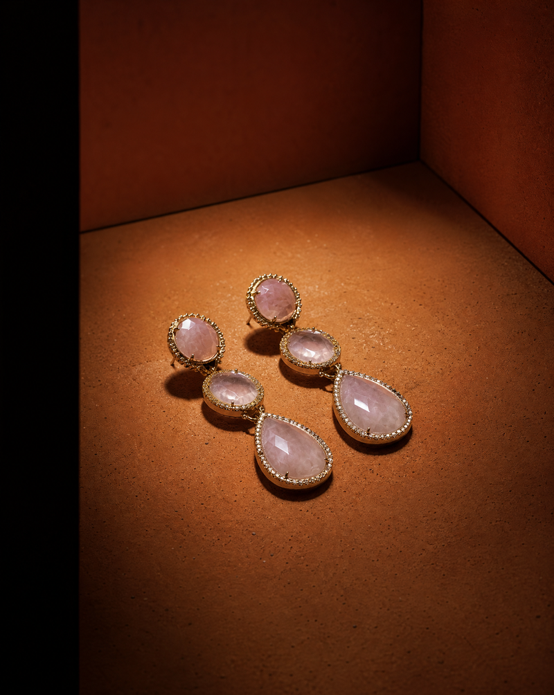 Rose Quartz Triple Drop Statement Earrings | Maximalist Earrings Wholesale