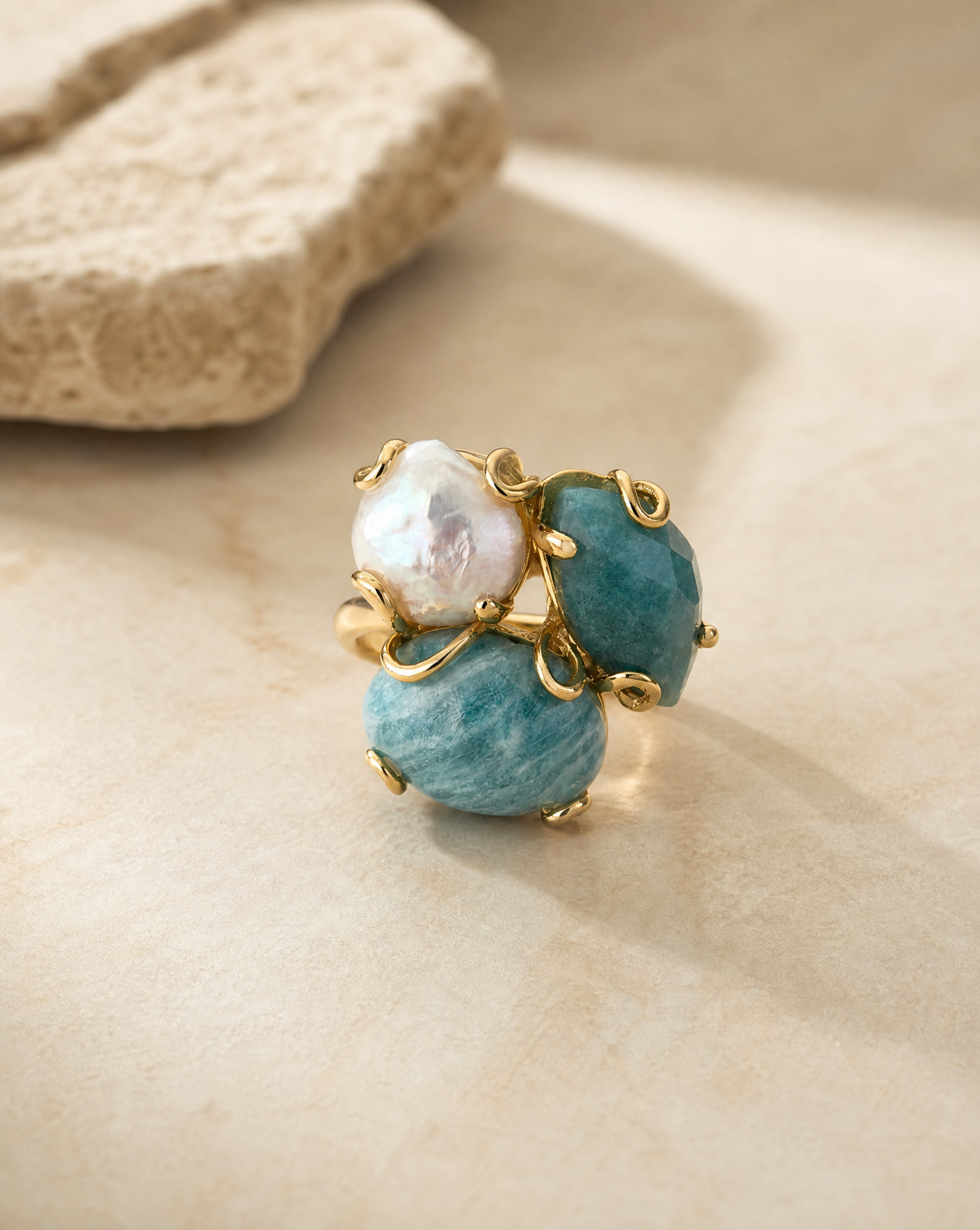Multi-Stone Cluster Ring with Freshwater Pearl | Adjustable Open Band
