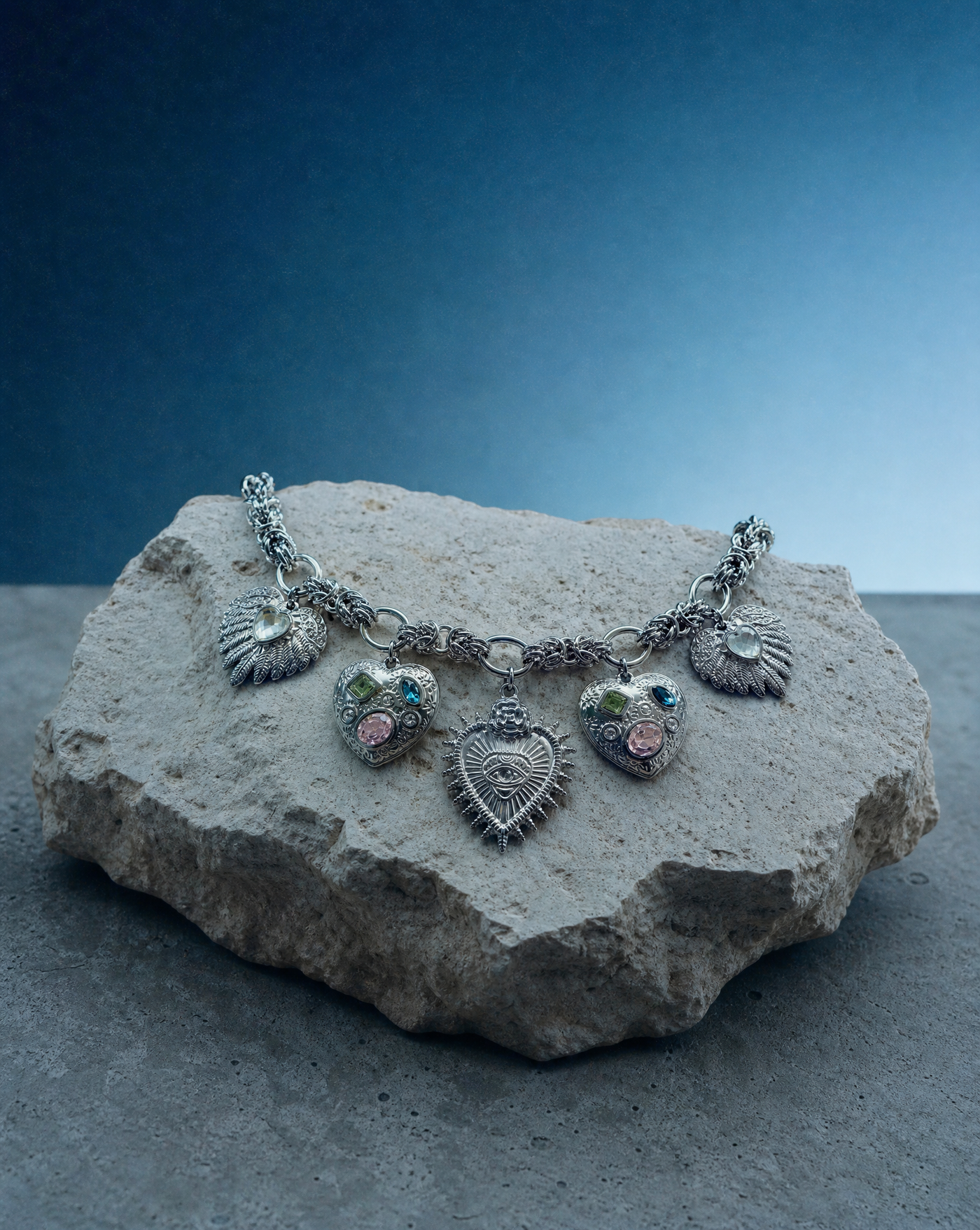 Devotion Heart Multi-Charm Silver Statement Necklace