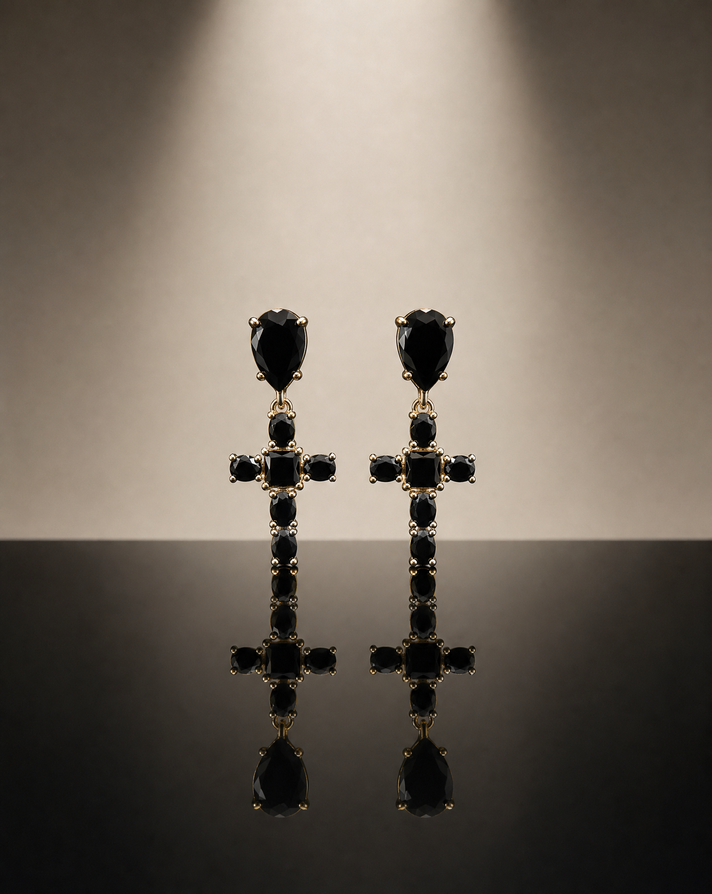Black Gemstone Cross Drop Earrings