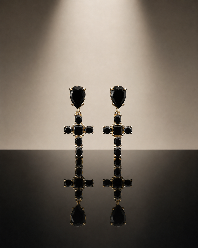 Black Gemstone Cross Drop Earrings