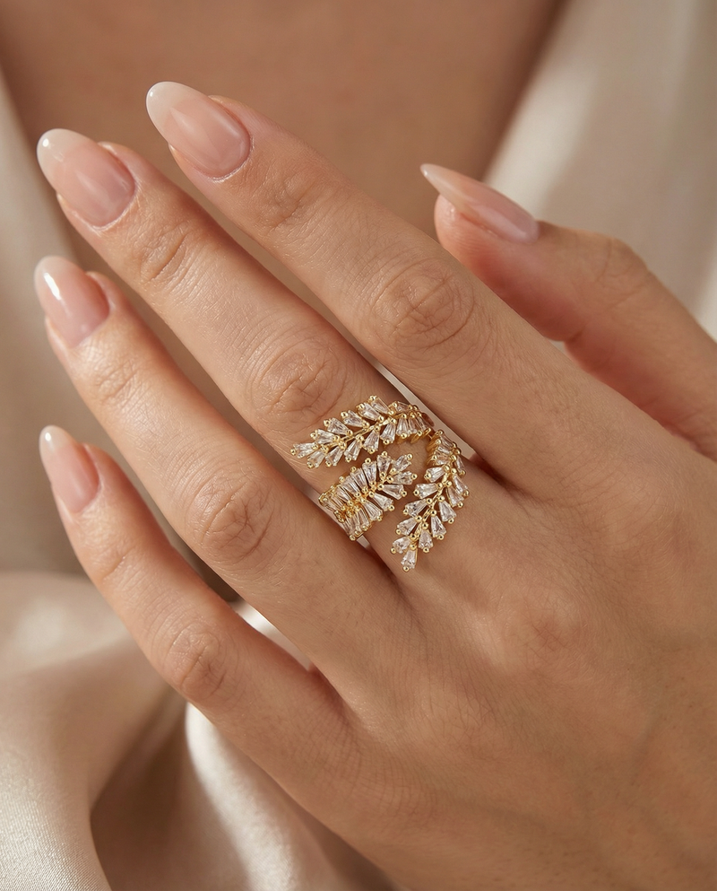 Leaf Wrap Ring with Baguette Crystals