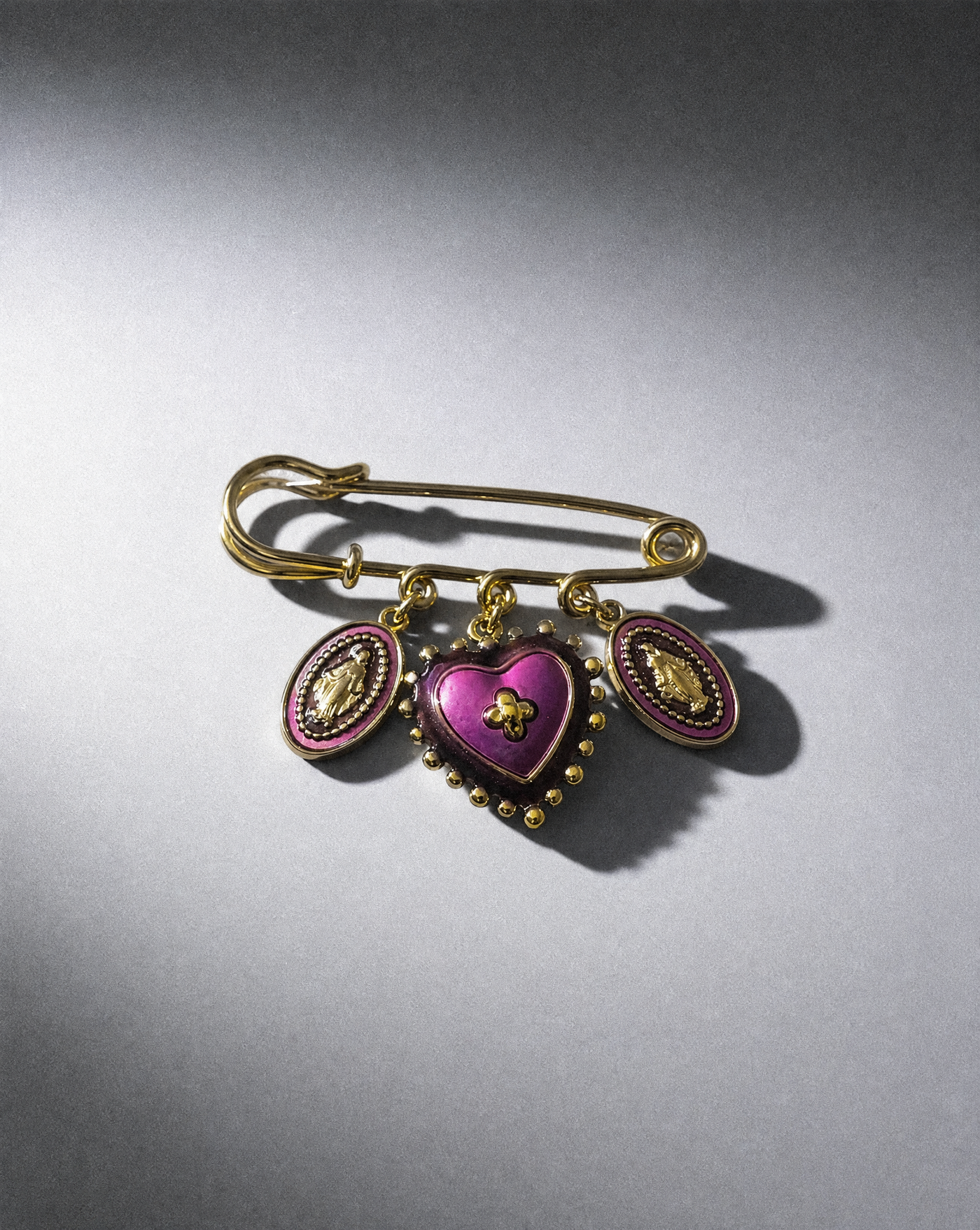Sacred Heart Triple Charm Safety Pin Brooch | Gift Jewelry
