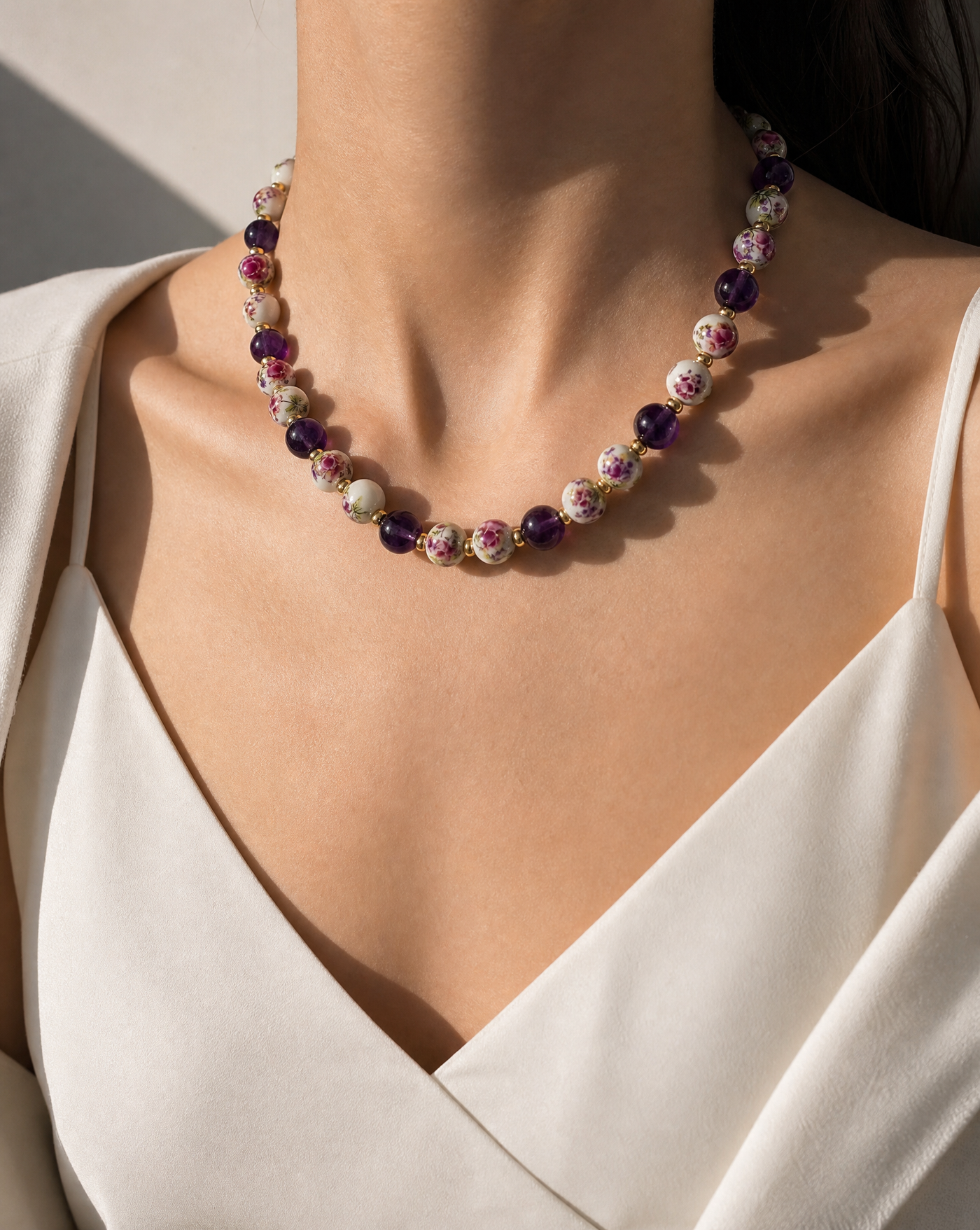Floral Ceramic & Gemstone Beaded Necklace | Handcrafted Statement Necklace