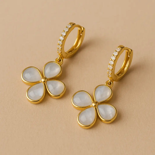 18K Gold Plated Flower Earrings with Natural Stone (Amazonite, Moonstone, or Labradorite) PHOEBE'S 