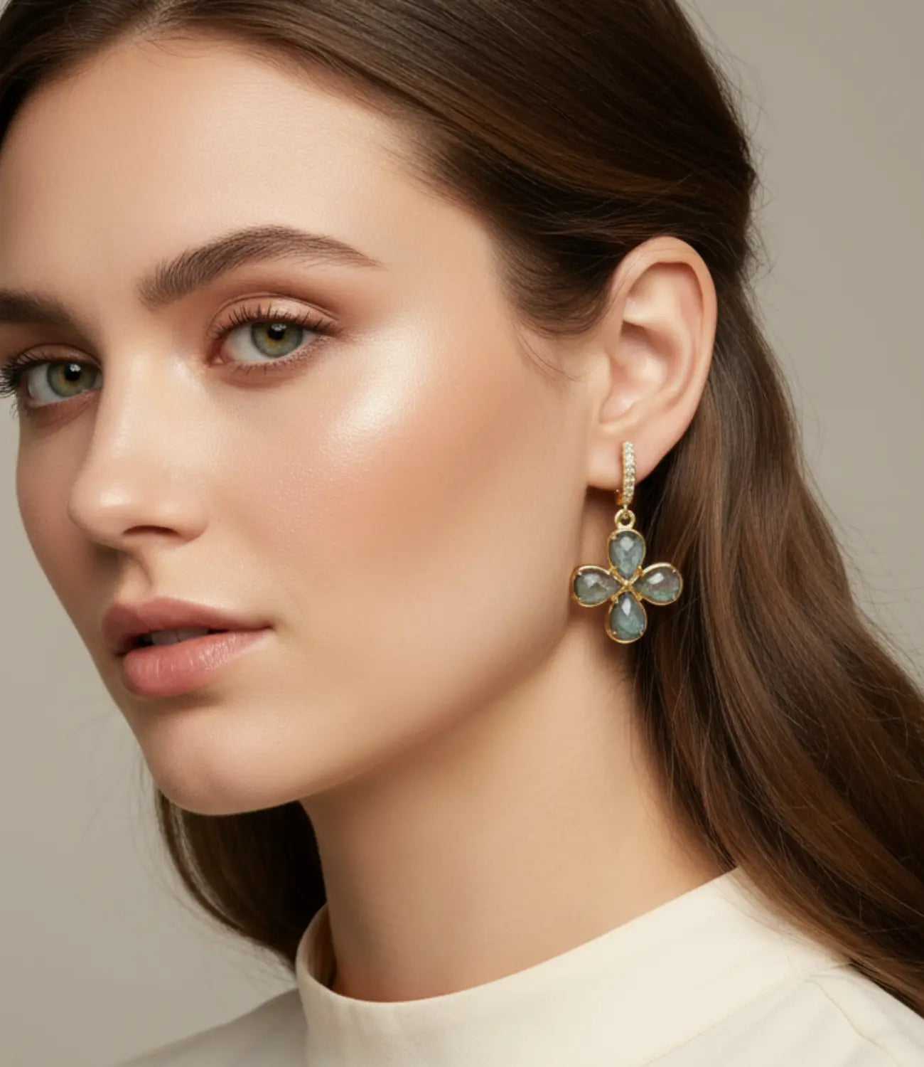 18K Gold Plated Flower Earrings with Natural Stone (Amazonite, Moonstone, or Labradorite) PHOEBE'S 