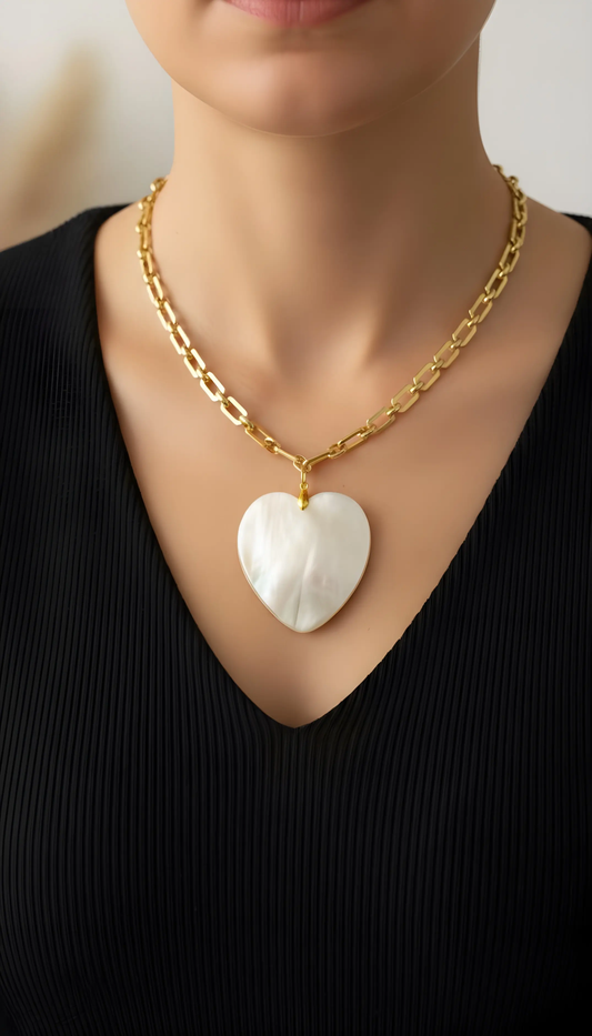 18K Gold Plated Heart Necklace with Mother of Pearl Pendant PHOEBE'S 