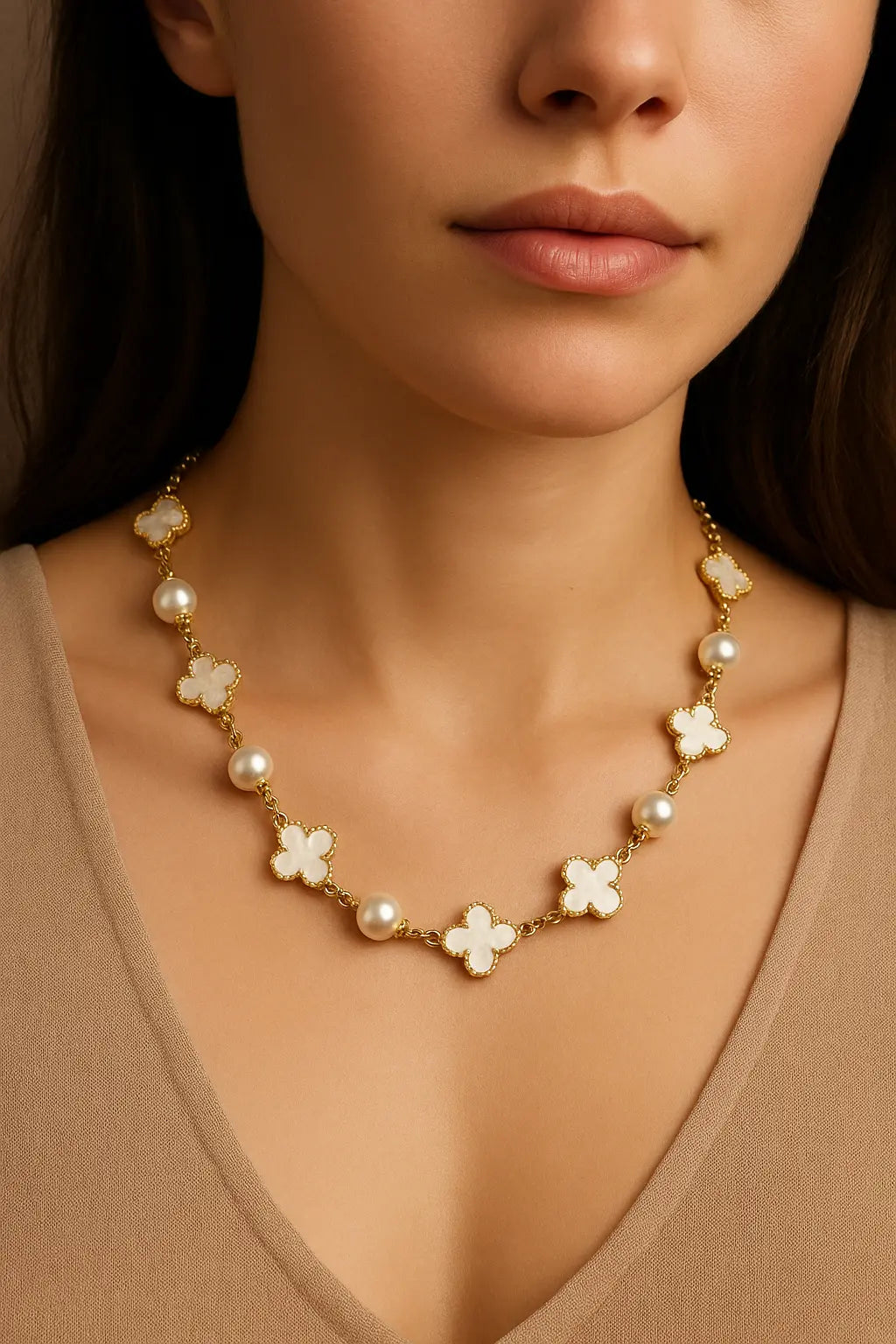 18K Gold-Plated Mother-of-Pearl and Pearl Necklace PHOEBE'S 