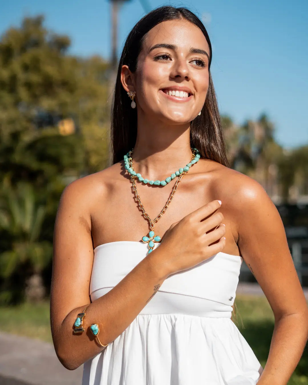 18K Gold-Plated Necklace Set with Natural Turquoise – Mix-and-match Cross and Choker PHOEBE'S 