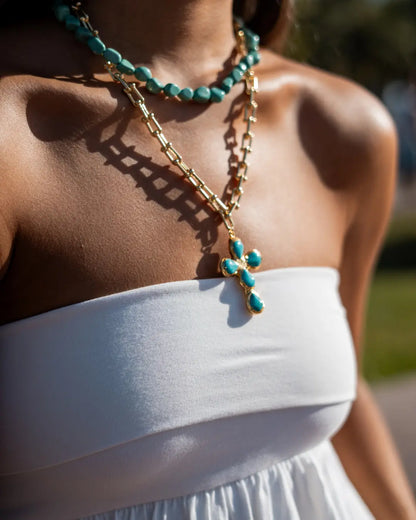 18K Gold-Plated Necklace Set with Natural Turquoise – Mix-and-match Cross and Choker PHOEBE'S 