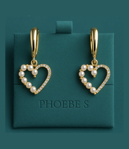 18K Gold Plated Pearl &amp; CZ Heart Earrings PHOEBE'S 