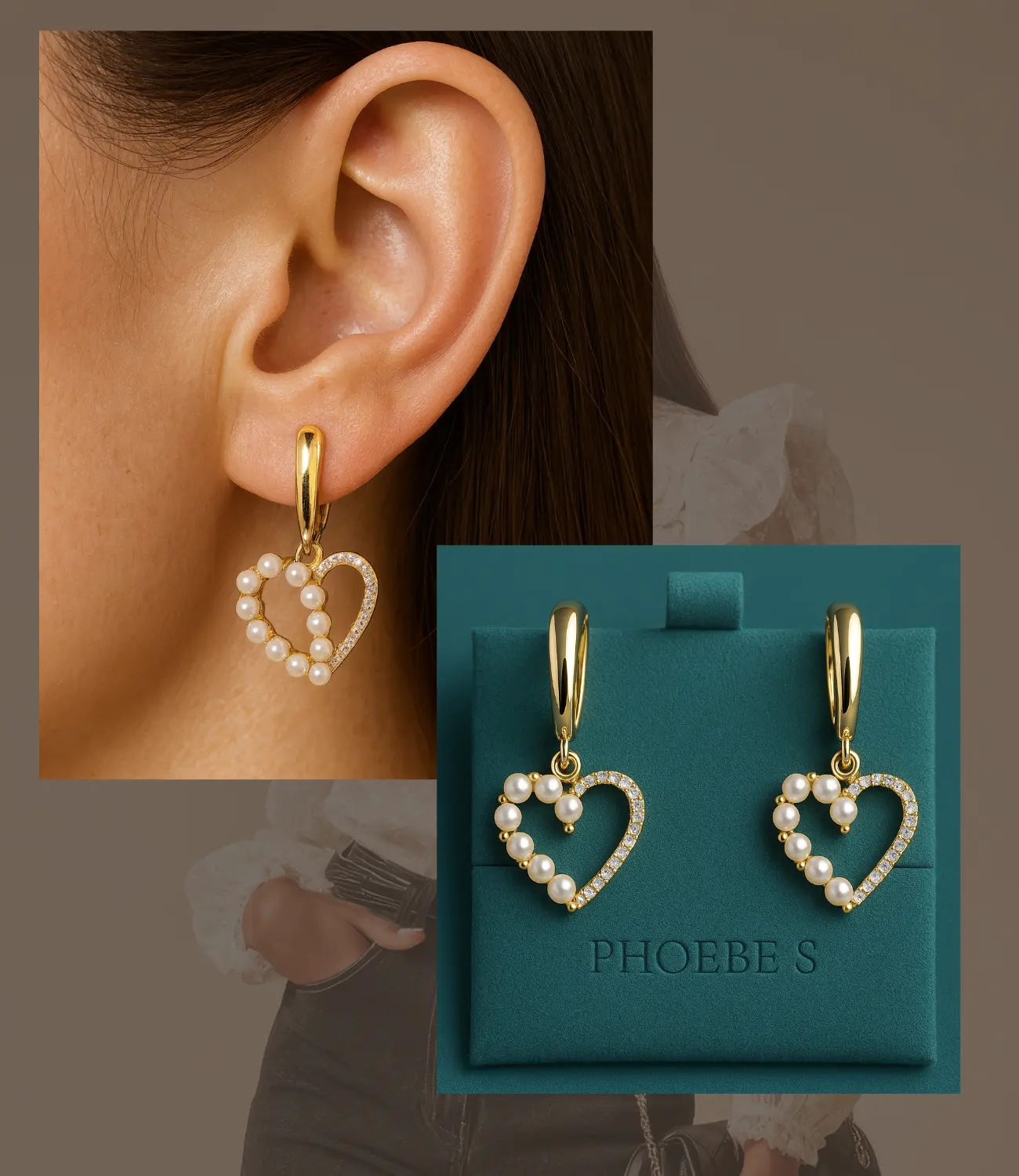 18K Gold Plated Pearl &amp; CZ Heart Earrings PHOEBE'S 