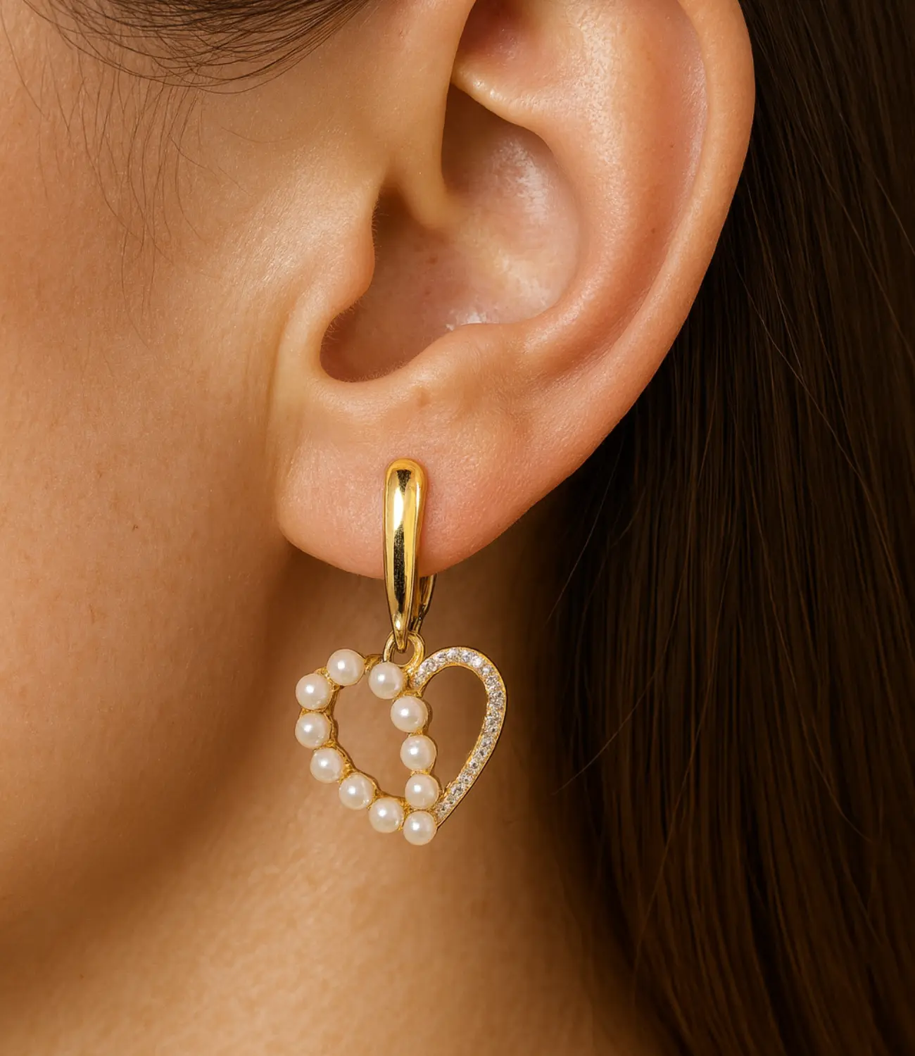 18K Gold Plated Pearl &amp; CZ Heart Earrings PHOEBE'S 