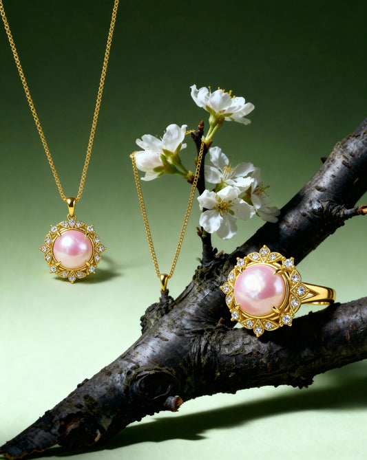 18K Gold-Plated Pink Pearl Necklace and Open Ring Set PHOEBE'S 