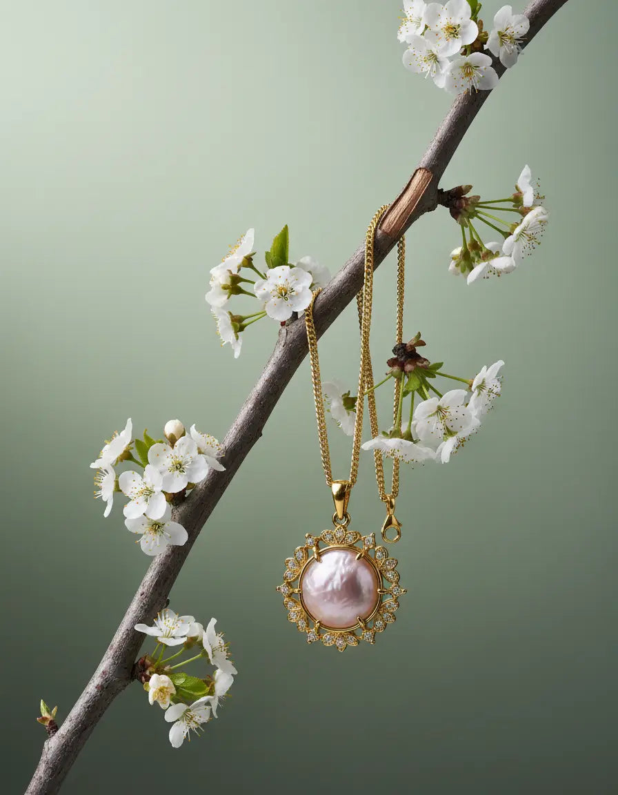 18K Gold-Plated Pink Pearl Necklace and Open Ring Set PHOEBE'S 