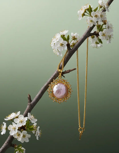 18K Gold-Plated Pink Pearl Necklace and Open Ring Set PHOEBE'S 