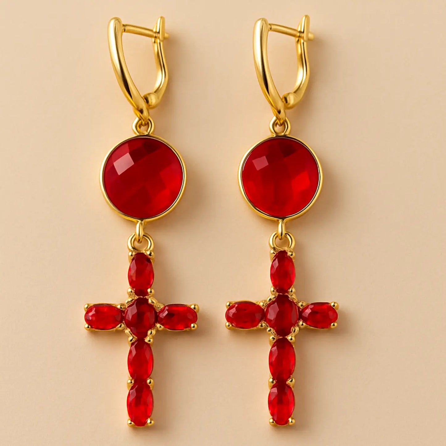 18K Gold-Plated Red Zirconia Cross Earrings PHOEBE'S 