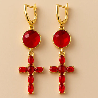 18K Gold-Plated Red Zirconia Cross Earrings PHOEBE'S 