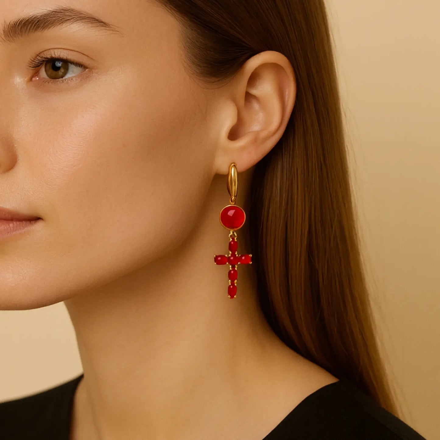 18K Gold-Plated Red Zirconia Cross Earrings PHOEBE'S 