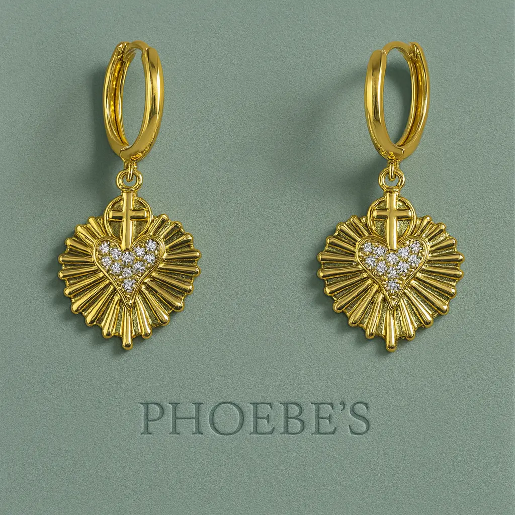18K Gold Plated Sacred Heart Earrings with CZ PHOEBE'S 