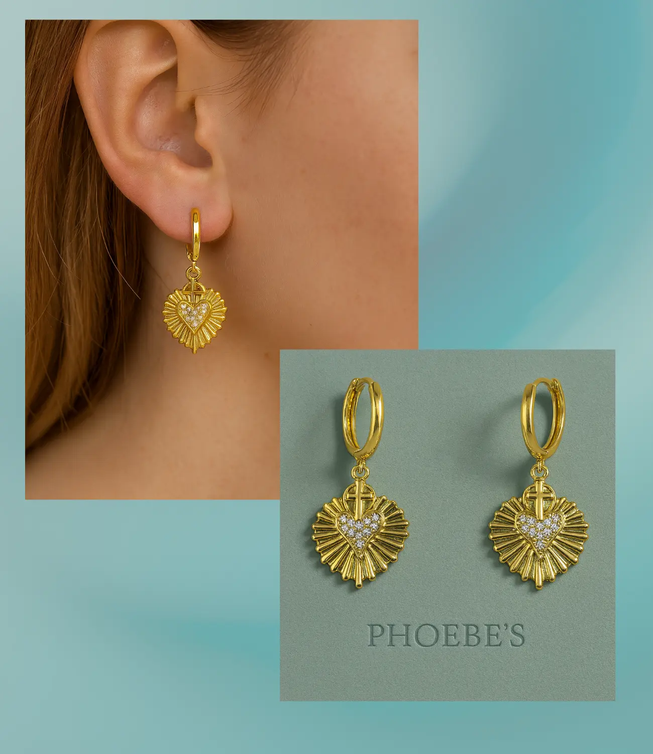 18K Gold Plated Sacred Heart Earrings with CZ PHOEBE'S 
