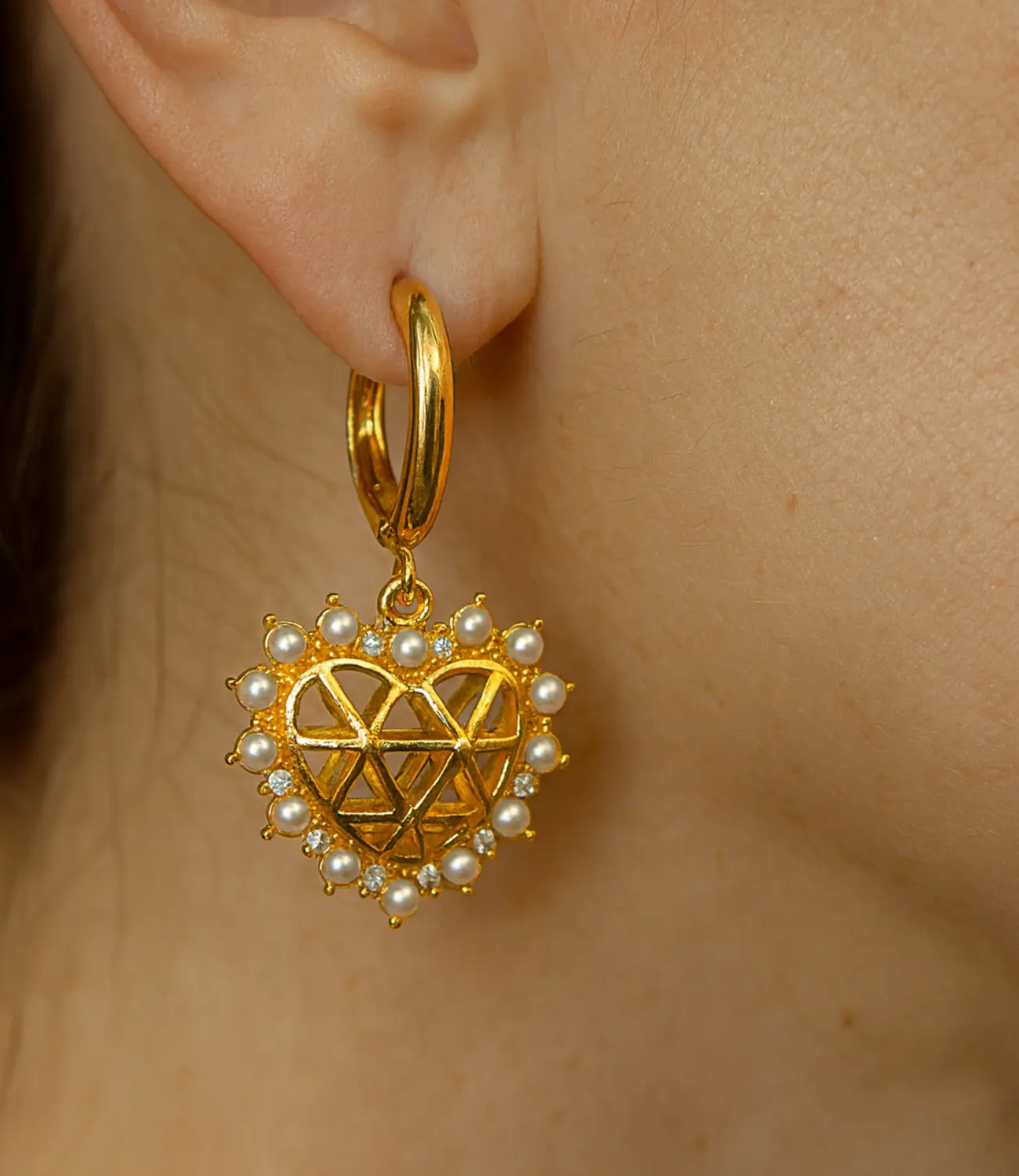 18K Gold Plated Sacred Heart Pearl &amp; CZ Earrings PHOEBE'S 