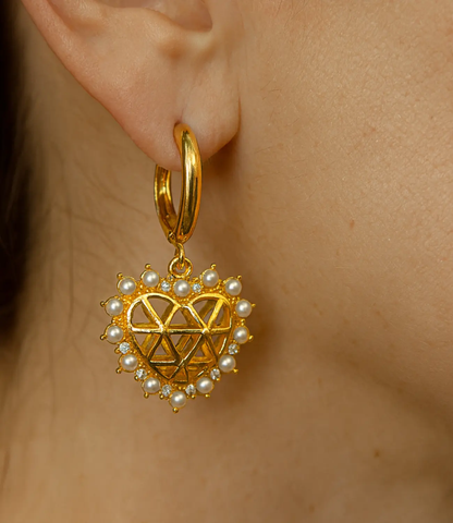 18K Gold Plated Sacred Heart Pearl &amp; CZ Earrings PHOEBE'S 