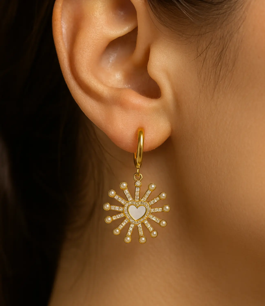 18K Gold Plated Sunburst Heart Earrings with Pearls &amp; CZ PHOEBE'S 