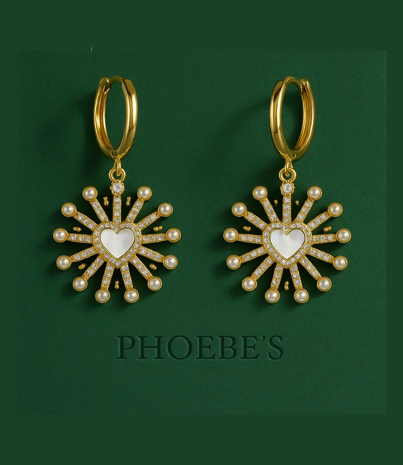 18K Gold Plated Sunburst Heart Earrings with Pearls &amp; CZ PHOEBE'S 
