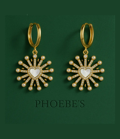 18K Gold Plated Sunburst Heart Earrings with Pearls &amp; CZ PHOEBE'S 