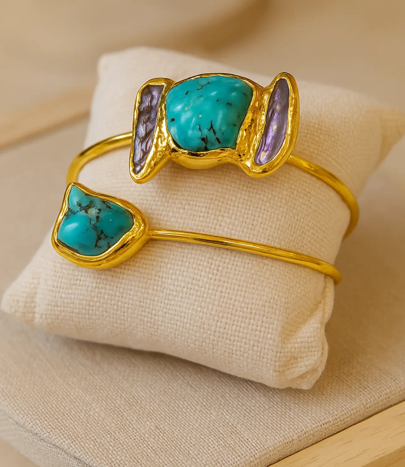 18K Gold-Plated Turquoise and Mother-of-Pearl Open Bracelet PHOEBE'S 