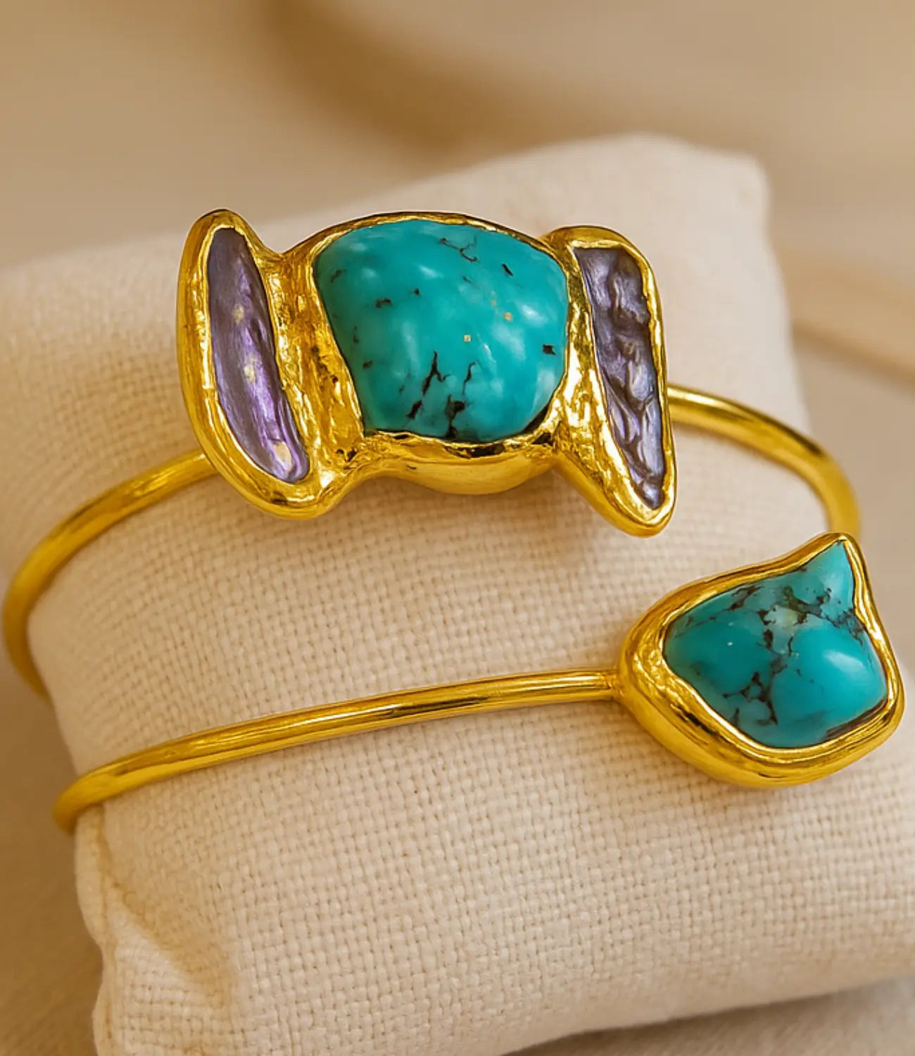 18K Gold-Plated Turquoise and Mother-of-Pearl Open Bracelet PHOEBE'S 