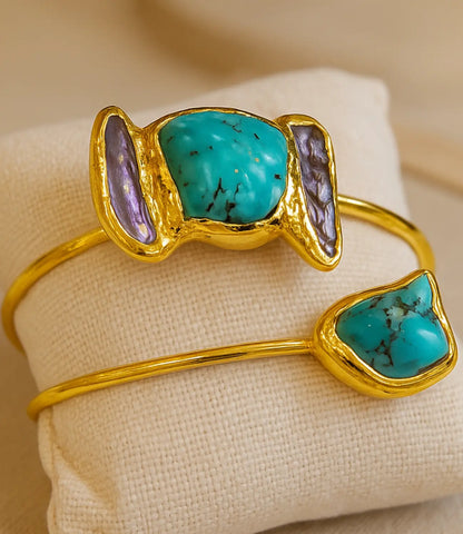 18K Gold-Plated Turquoise and Mother-of-Pearl Open Bracelet PHOEBE'S 