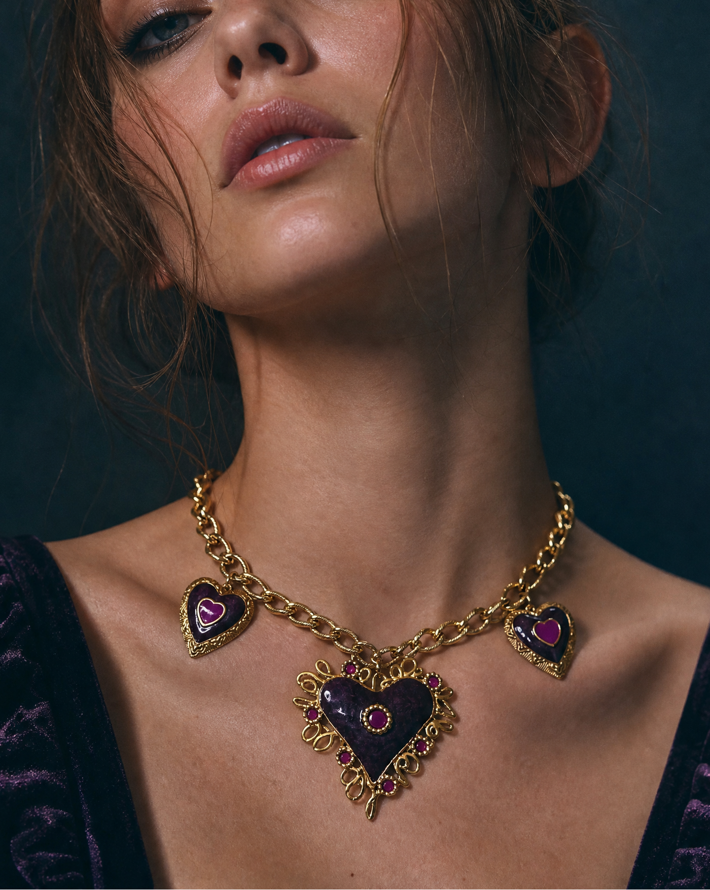 Vintage Heart Chain Necklace | Gold and Purple Enamel Filigree