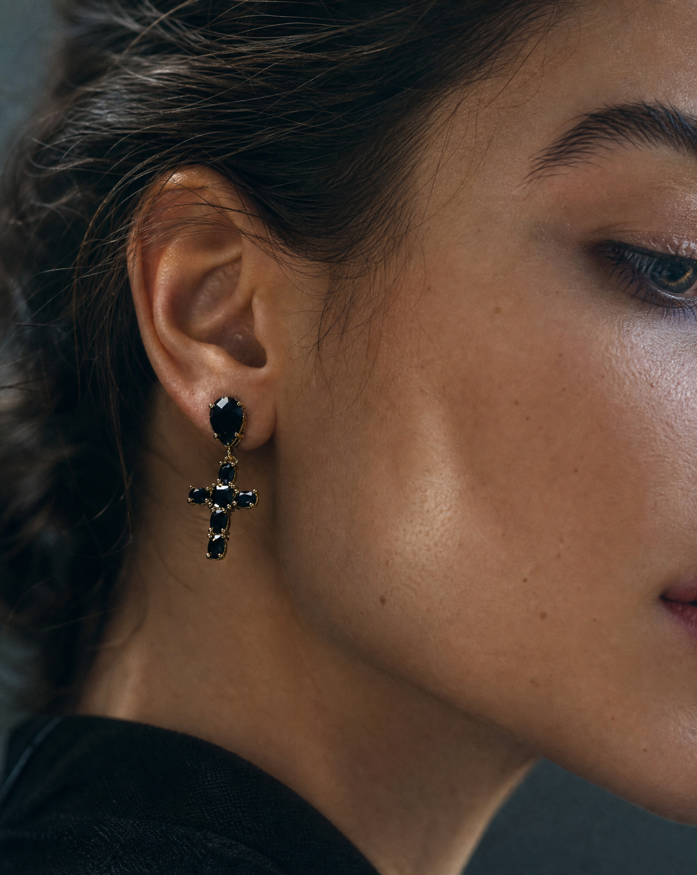 Black Gemstone Cross Drop Earrings