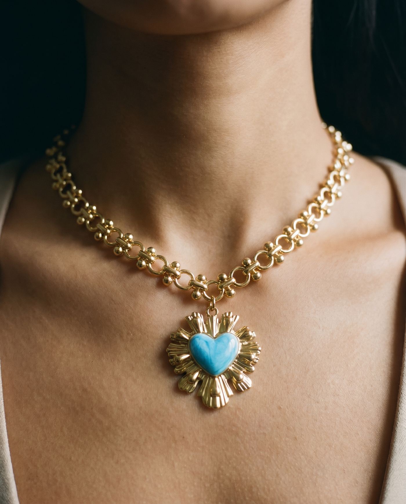 Gold Sunburst Heart Necklace | Vintage Enamel Statement Jewelry