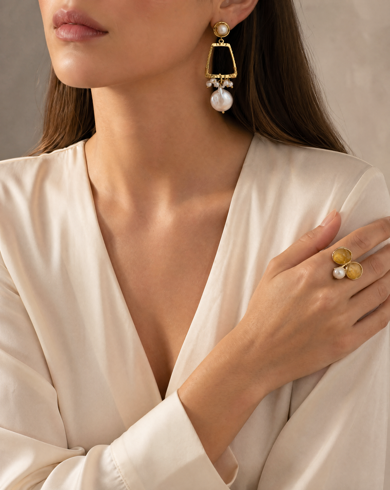 Baroque Pearl & Citrine Statement Set · Drop Earrings & Double Stone Ring · Natural Gemstone