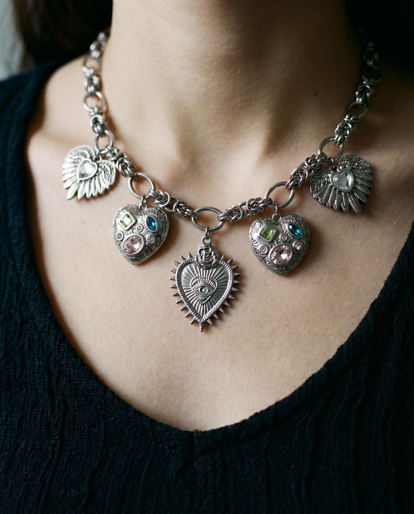 Devotion Heart Multi-Charm Silver Statement Necklace
