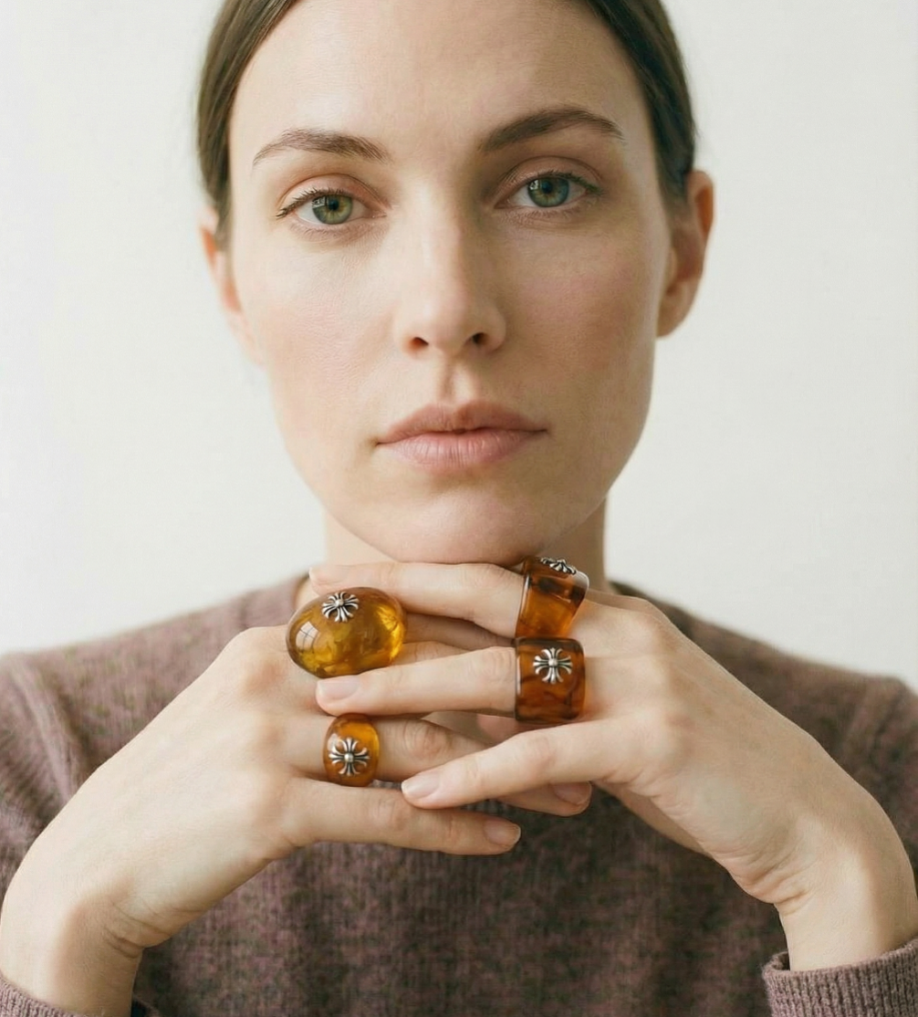 Amber Resin Ring with Metal Detail