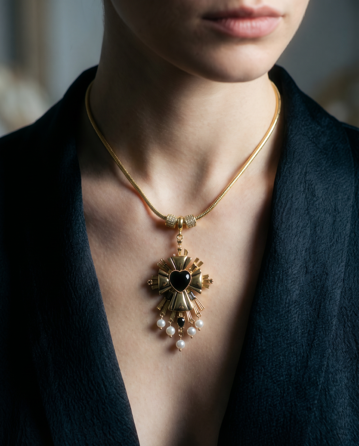 Maximalist Sacred Heart Cross Pendant Necklace · Black CZ Heart · Pearl Drops · Catholic Statement